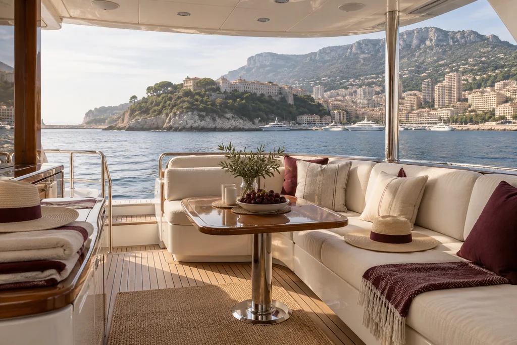 A sheltered unbranded yacht cockpit prepared for a small family near Monaco
