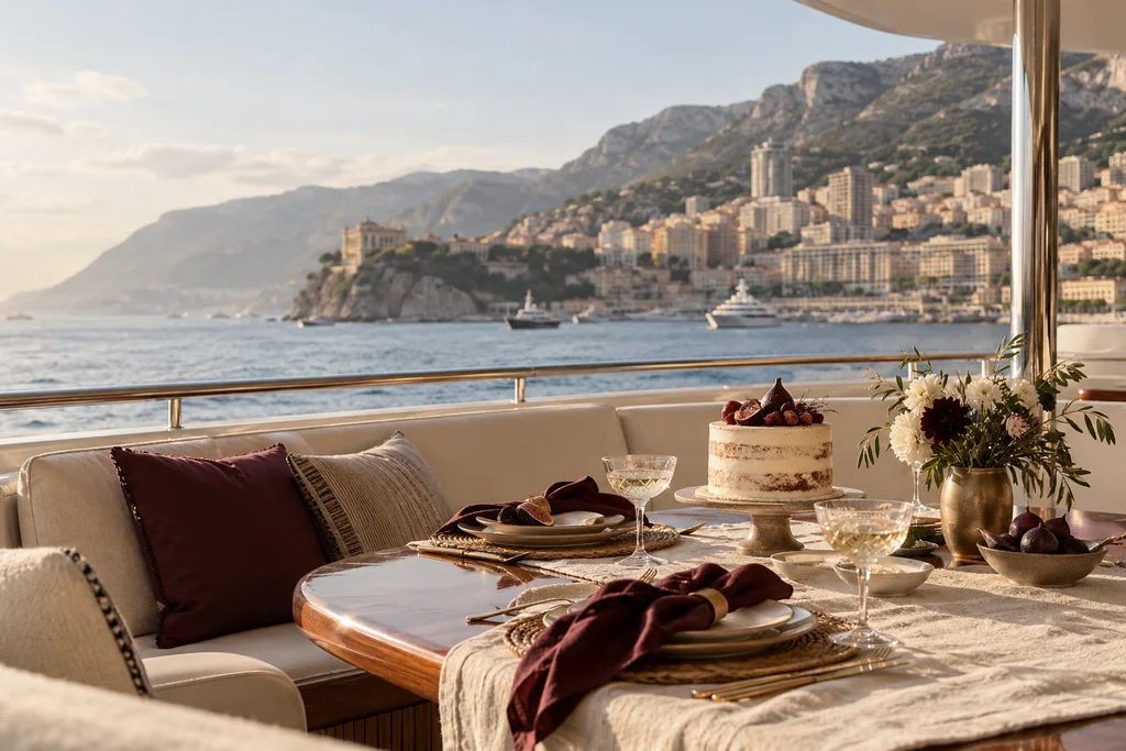 An intimate private yacht table for a celebration with a small cake near Monaco