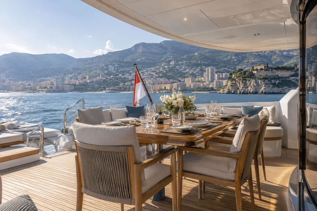 Terrasse ombragée et table sur un yacht au large de Monaco