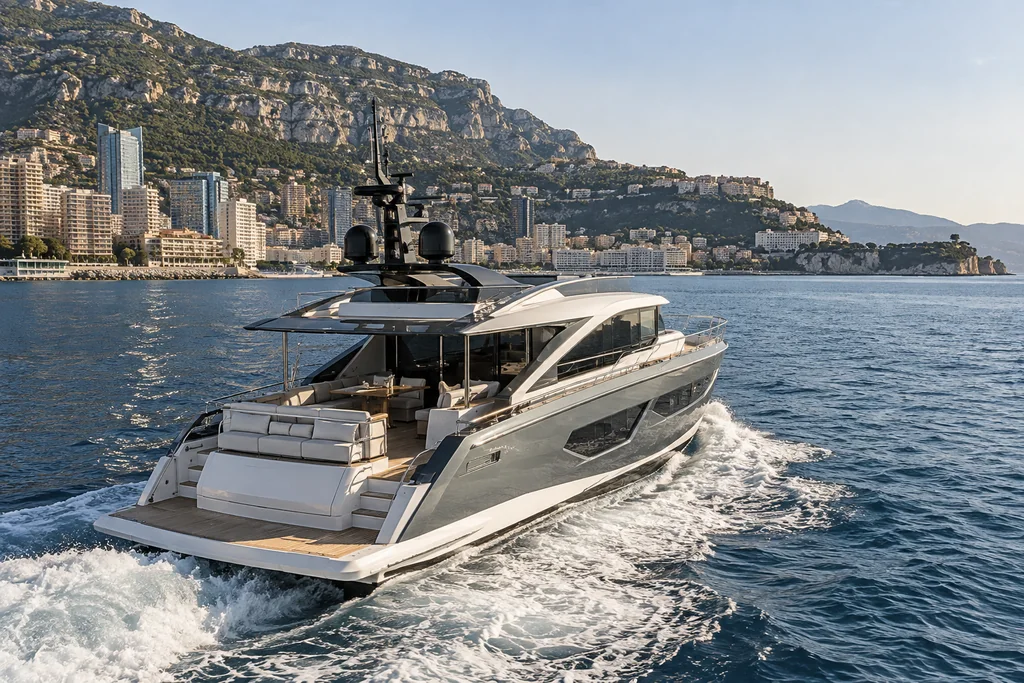 Yacht à moteur avec cockpit arrière et espaces de pont près de Monaco