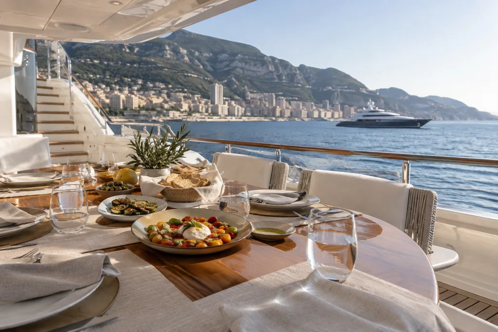 Table dressée pour un repas méditerranéen sur le pont d’un yacht