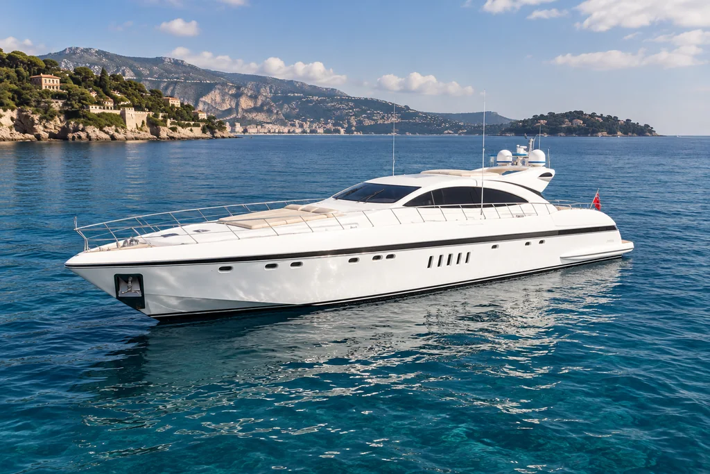 Illustrative Mangusta 108 model on the Monaco coast